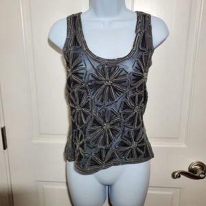 Sheer Black & White Flower Applique Tank Top